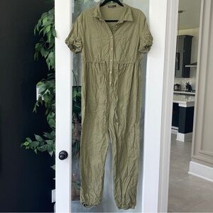 Khaki green short sleeve button up jumpsuit